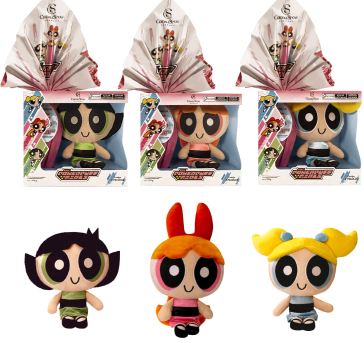 KIT Completo 3 Ovos de Páscoa ao Leite Meninas Superpoderosas Pelúcia 170g